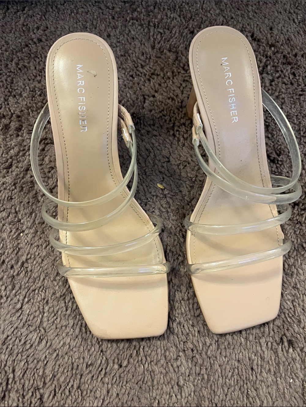 Marc Fisher Nude Clear-Strap Square-Toe Slide Heels